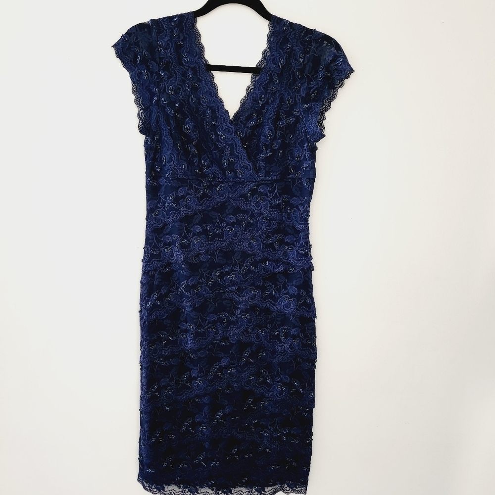 Cache Navy Lace Beaded Tiered V-Neck Dress